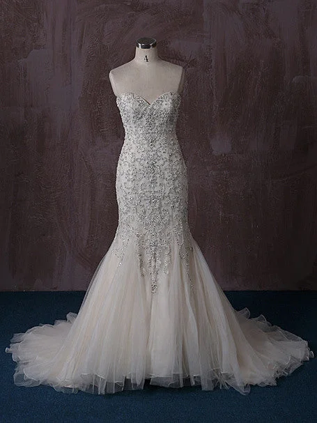 Formal satin wedding dress with a long trainStrapless Mermaid Wedding Dress with Beaded Embroideries | QT815004 Formal satin wedding dress with a long trainStrapless Mermaid Wedding Dress with Beaded Embroideries | QT815004