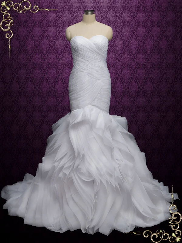 Wedding Dresses with Embroidered Tribal Patterns and Satin Sash and Beaded Waistband and Tulle Skirt for a Cultural and Stylish LookStrapless Mermaid Wedding Dress with Ruffles | LARA Wedding Dresses with Embroidered Tribal Patterns and Satin Sash and Beaded Waistband and Tulle Skirt for a Cultural and Stylish LookStrapless Mermaid Wedding Dress with Ruffles | LARA