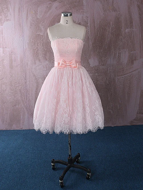 Navy - blue wedding dress for a sophisticated lookStrapless Short Pink Lace Wedding Dress Reception Dress | QT815012 Navy - blue wedding dress for a sophisticated lookStrapless Short Pink Lace Wedding Dress Reception Dress | QT815012