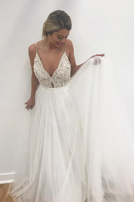 Court train A - line wedding dressLong A-line Spaghetti Strap Ivory Wedding Dress with Lace
