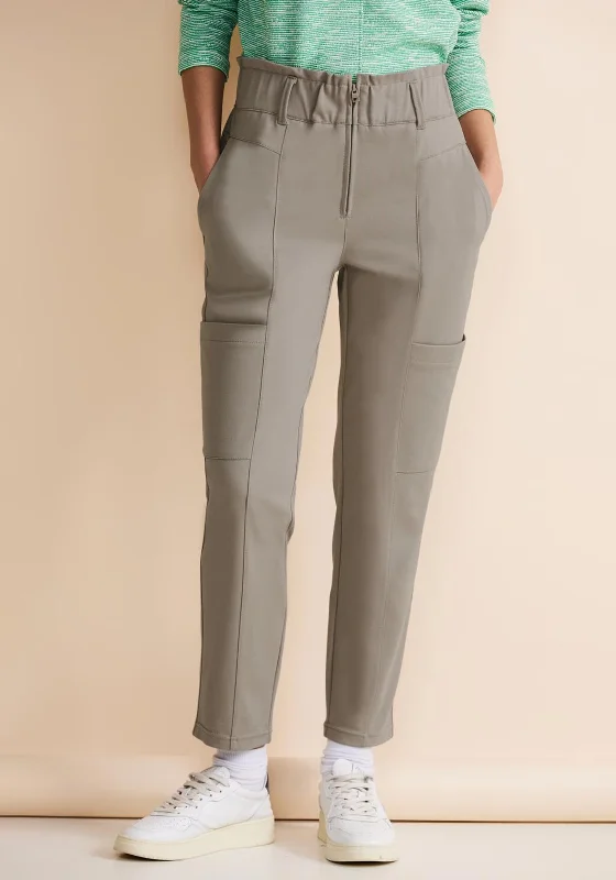 Polyester pants with stretch for women in comfortStreet One High Waist Jogger Style Trousers, Cool Ivory