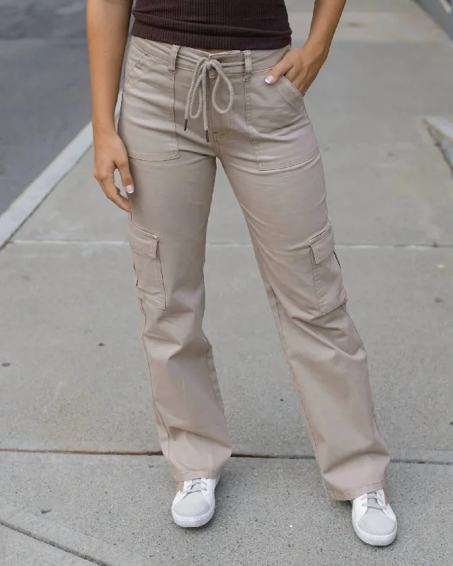 Leather look wide leg denim pants for women in a bold and stylish lookSueded Twill Cargo Pant In Khaki