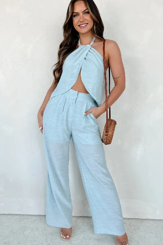 Wrinkle resistant pants for women on business tripsSunsets and Selfies Crop Top & Pants Set (Light Blue) Wrinkle resistant pants for women on business tripsSunsets and Selfies Crop Top & Pants Set (Light Blue)