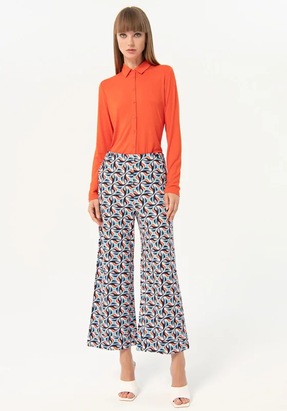 High waisted wide leg pants for women in summerSurkana Printed Elastic Flare Trousers, Blue