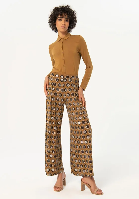 Embroidered wide leg linen pants for women in a natural and elegant styleSurkana Elastic Waist Wide Leg Printed Trousers, Khaki
