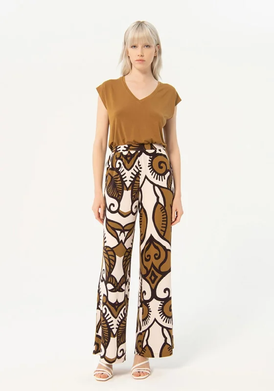 Floral print wide leg dress pants for women in a fresh and formal styleSurkana Elastic Waist Print Wide Leg Trousers, Khaki