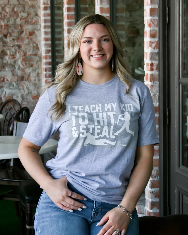 Women's T - shirt with a fringed hem and a tassel - trimmed pocketTeach To Hit & Steal Tee
