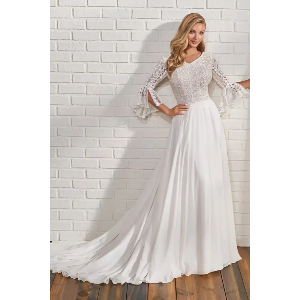 Short - and - sweet tea - length wedding dressTR22187 by Modest Mon Cheri - SAMPLE SALE Short - and - sweet tea - length wedding dressTR22187 by Modest Mon Cheri - SAMPLE SALE