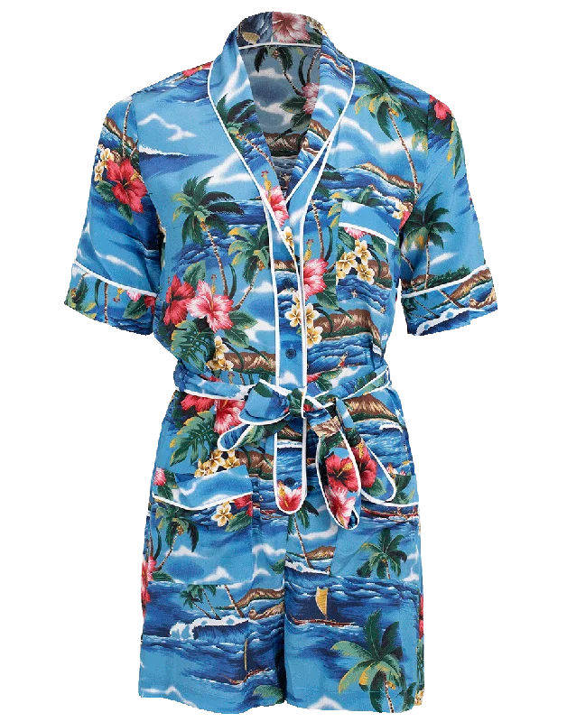 Midi length pants for women with eleganceTropical Print Belted Romper