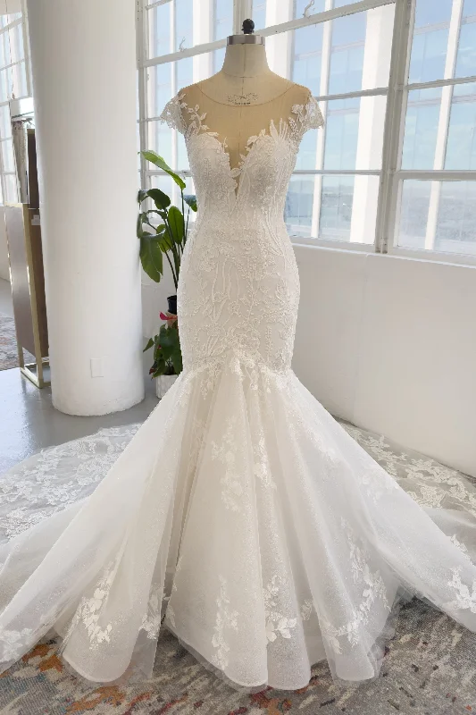 Gothic - inspired wedding dress for an edgy brideTrumpet-Mermaid Chapel Train Lace Tulle Wedding Dress CW3000 Gothic - inspired wedding dress for an edgy brideTrumpet-Mermaid Chapel Train Lace Tulle Wedding Dress CW3000