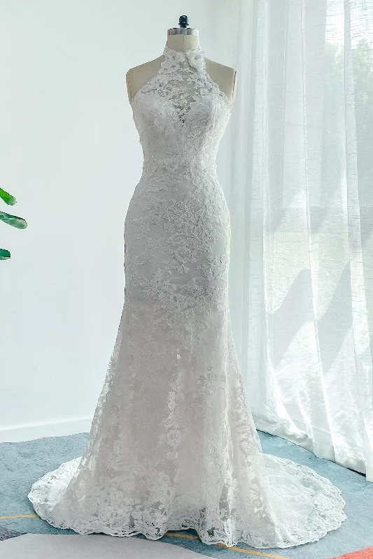 Crochet - detail bohemian wedding dressTrumpet-Mermaid Sweep-Brush Train Lace Tulle Wedding Dress CW3147