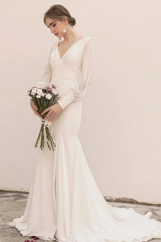Formal satin wedding dress with a long trainTrumpet Sweep-Brush Train Satin Chiffon Wedding Dress CW3038 Formal satin wedding dress with a long trainTrumpet Sweep-Brush Train Satin Chiffon Wedding Dress CW3038