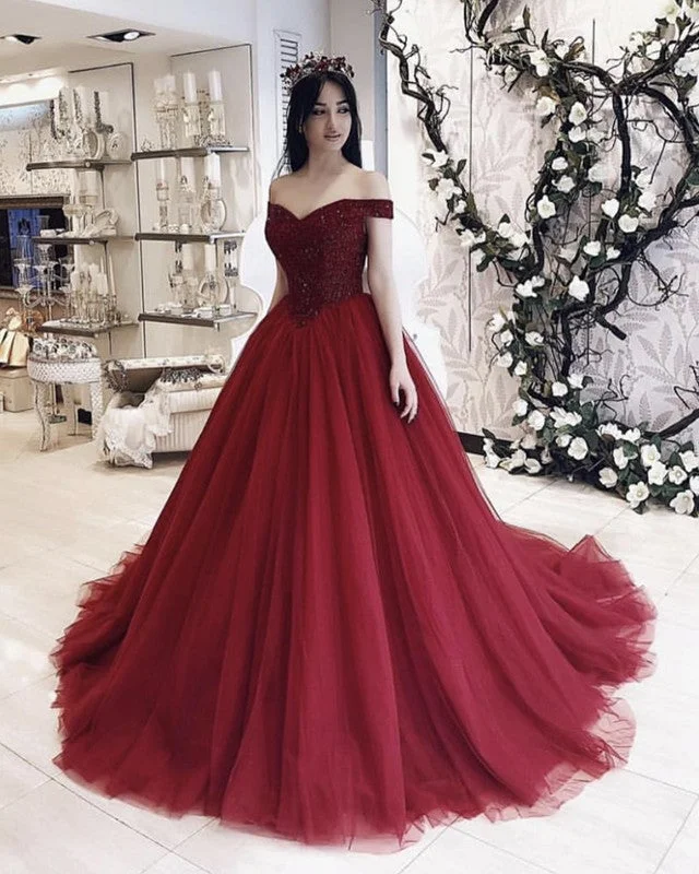 Dark - colored wedding dress for a mysterious brideTulle Ball Gown Dresses Beaded V Neck Off Shoulder Dark - colored wedding dress for a mysterious brideTulle Ball Gown Dresses Beaded V Neck Off Shoulder