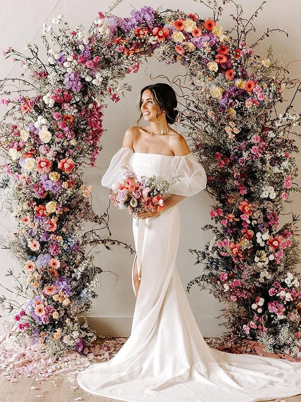Wedding Dresses with Satin Trimmed Collar and Ruffled Hem and Bow at the Waist for a Classic and Girly LookUnique Simple Mermaid Long Sleeves Beach Elegant Vintage Long Wedding Dresses WD385