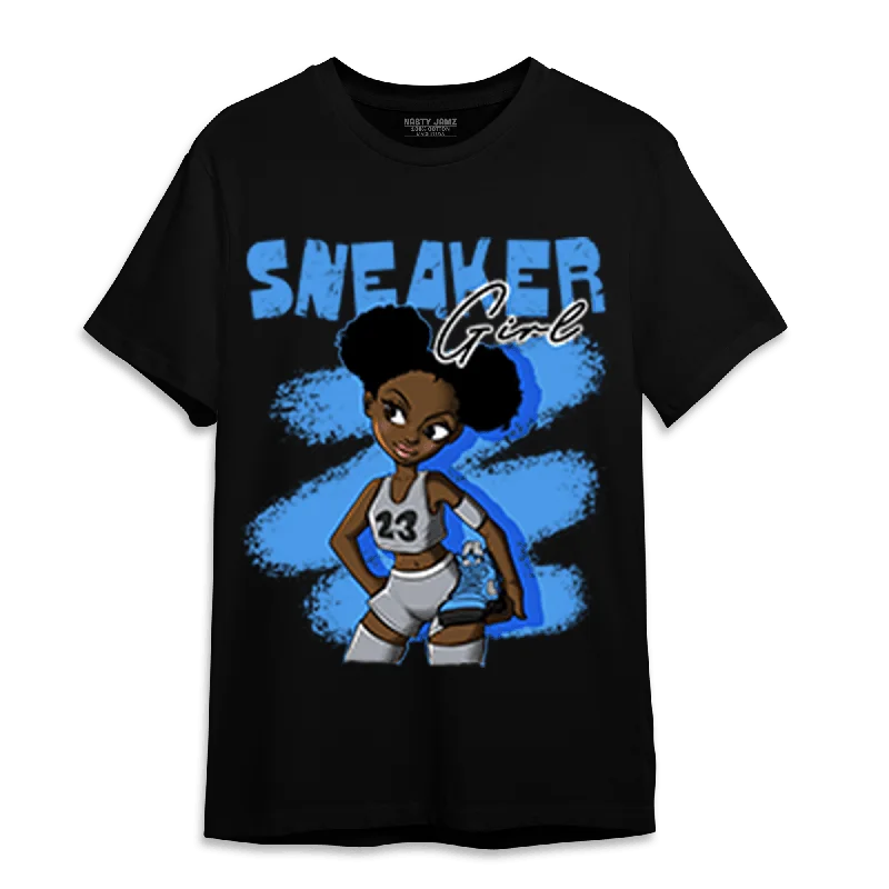 Women's T - shirt with a color - changing effect in different lightsNastyJamz University Blue 5s T Shirt Match Black Sneaker Girl