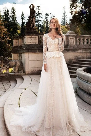 Gemstone - embellished wedding dressV-neck Long Lace Sleeve Low V Back Dress With Peplum&Crystal Detailing Gemstone - embellished wedding dressV-neck Long Lace Sleeve Low V Back Dress With Peplum&Crystal Detailing