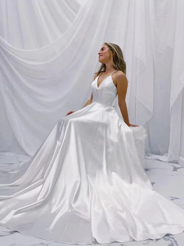 Long Train Wedding Dresses with Crystal Buttons and Lace Trim for a Grand EntranceV-neck Satin Wedding Dresses, Simple A-line Wedding Dresses, New Arrival 2022 Bridal Gowns Long Train Wedding Dresses with Crystal Buttons and Lace Trim for a Grand EntranceV-neck Satin Wedding Dresses, Simple A-line Wedding Dresses, New Arrival 2022 Bridal Gowns