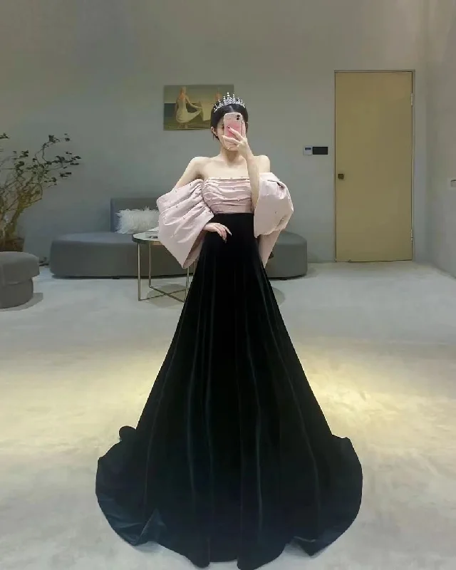 Luxury silk wedding dress with a trainVelvet A-line Newest Long Prom Dresses, Elegant Wedding Guest Dresses, Bridesmaid Dresses