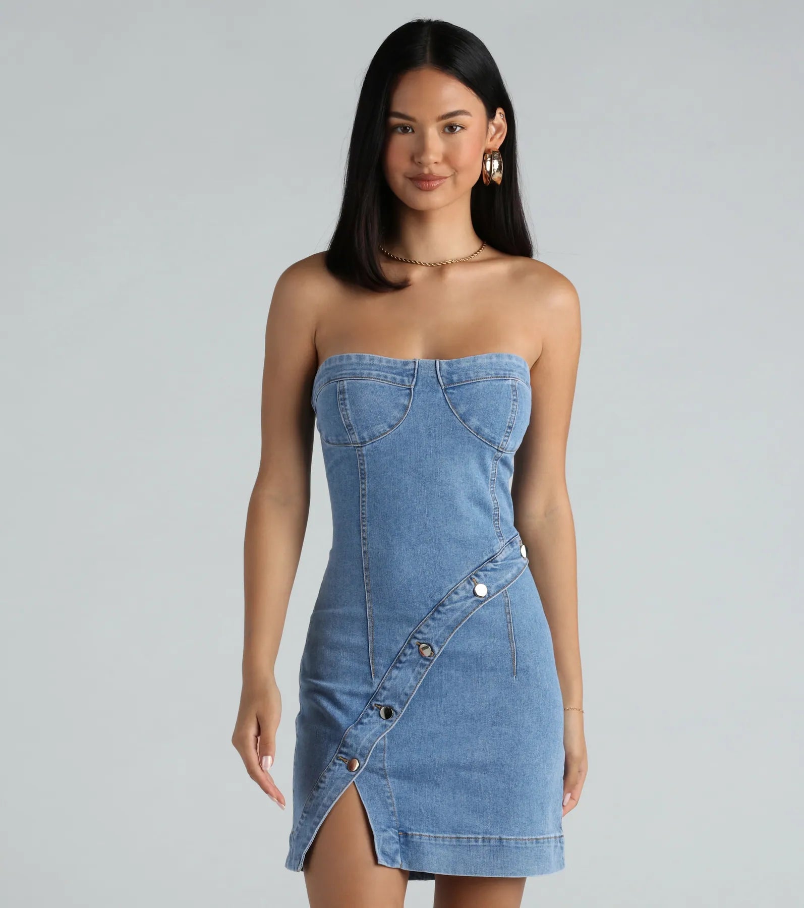 "Off - shoulder dresses for women to show off collarbones"Button Up Babe Denim Strapless Mini Dress