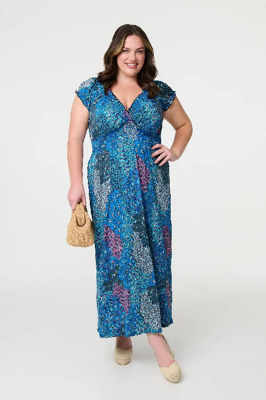 "Petite women's dresses with flattering fits"Peacock Print V-Neck Maxi Dress