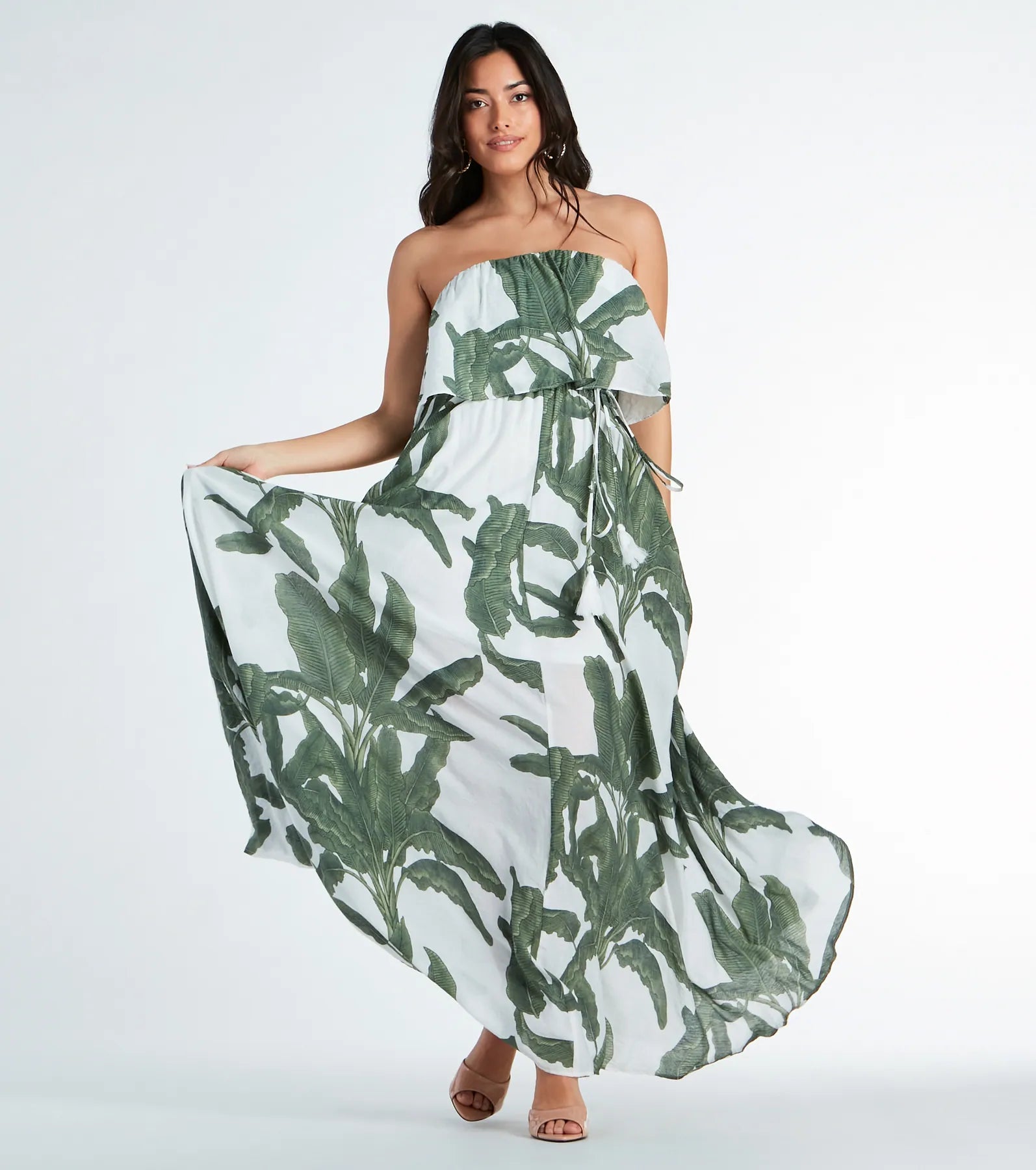 "Ruffled dresses for women for added femininity"Getaway Bound Tropical Print Woven Maxi Dress
