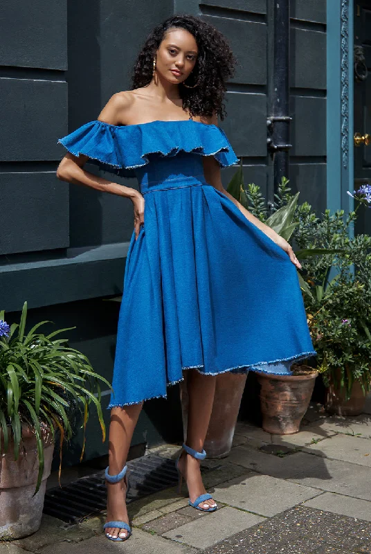 "Animal print dresses for women who love bold styles"Goddiva Denim Frilled Bardot High Low Dress - Blue Denim