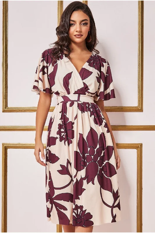 "Elegant wedding guest dresses for women under $100"Goddiva Leaf Print Flutter Sleeve Midi - Cream
