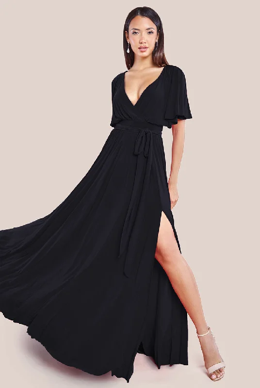 Clearance Sale: Women's Dresses Goddiva Wrap Front Maxi With Flutter Sleeves - Black