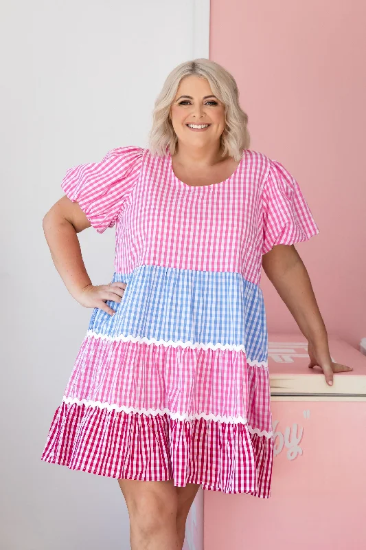 "Plus size formal dresses for women for special events"Greta Party Dress in Gingham Mix