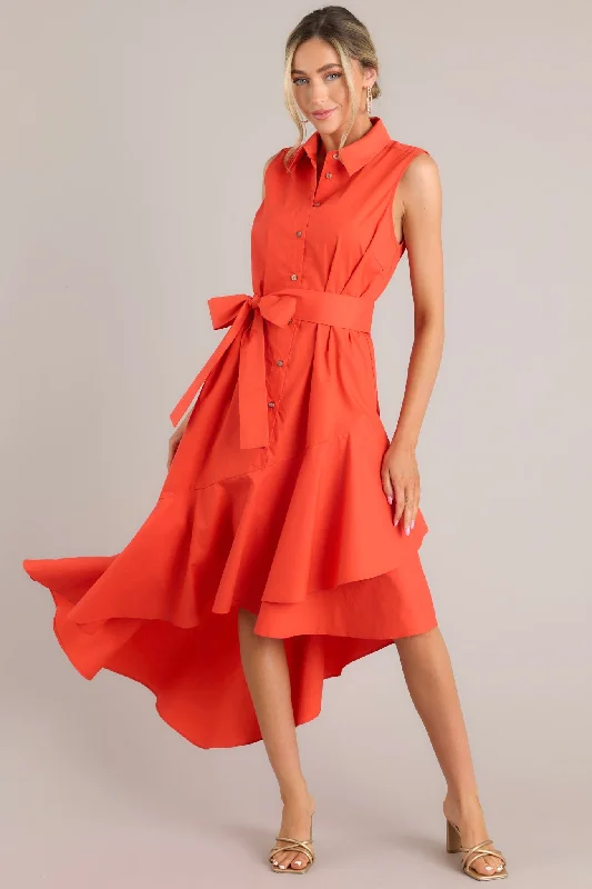"Floral print dresses for women for a feminine look"On Time Tomato Red Asymmetrical High Low Dress