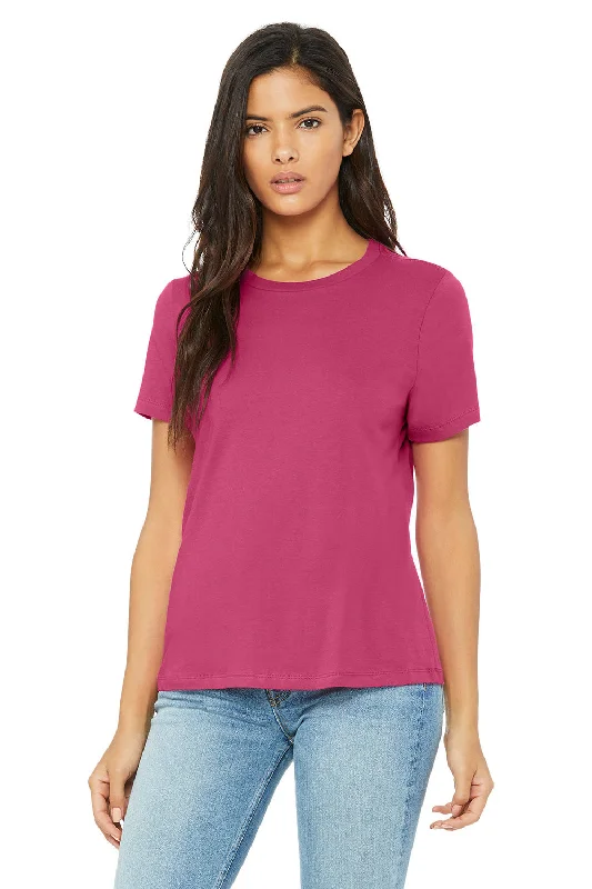 Mock - neck women's T - shirt with a drawstring hoodBella + Canvas Womens Relaxed Jersey Short Sleeve Crewneck T-Shirt - Berry Pink