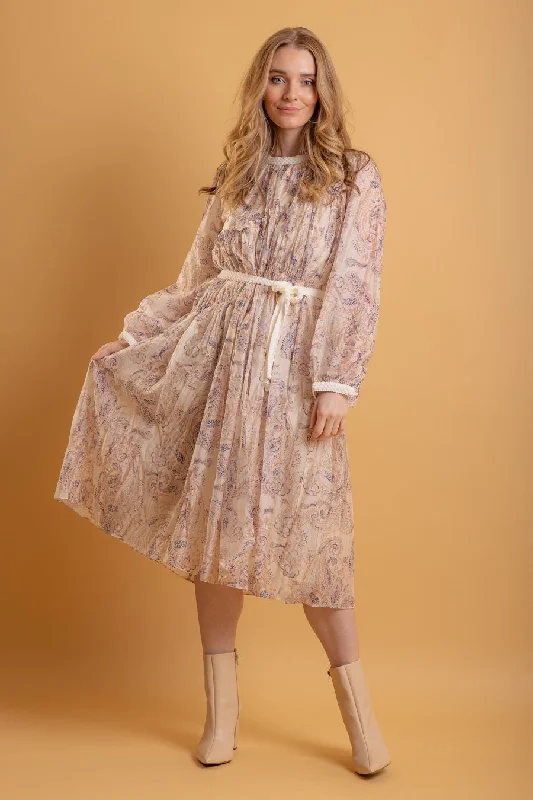 Dresses with Sheer Sleeve and Sequined Cuffs and Bow at the Waist for Ladies' Elegant and Sweet LookAmelia Midi Dress Beige Paisley Dresses with Sheer Sleeve and Sequined Cuffs and Bow at the Waist for Ladies' Elegant and Sweet LookAmelia Midi Dress Beige Paisley