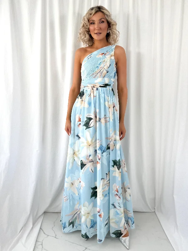 Mesh Paneled Dresses for Ladies' Modern EdgeAshley Maxi Dress with Draped One Shoulder Top - Light Blue Mesh Paneled Dresses for Ladies' Modern EdgeAshley Maxi Dress with Draped One Shoulder Top - Light Blue
