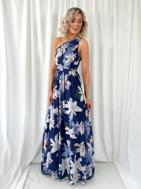 Dresses with Sequined Hearts and Ruffled Hem and Satin and Lace Combo for Ladies' Romantic and Feminine LookAshley Maxi Dress with Draped One Shoulder Top - Navy Dresses with Sequined Hearts and Ruffled Hem and Satin and Lace Combo for Ladies' Romantic and Feminine LookAshley Maxi Dress with Draped One Shoulder Top - Navy