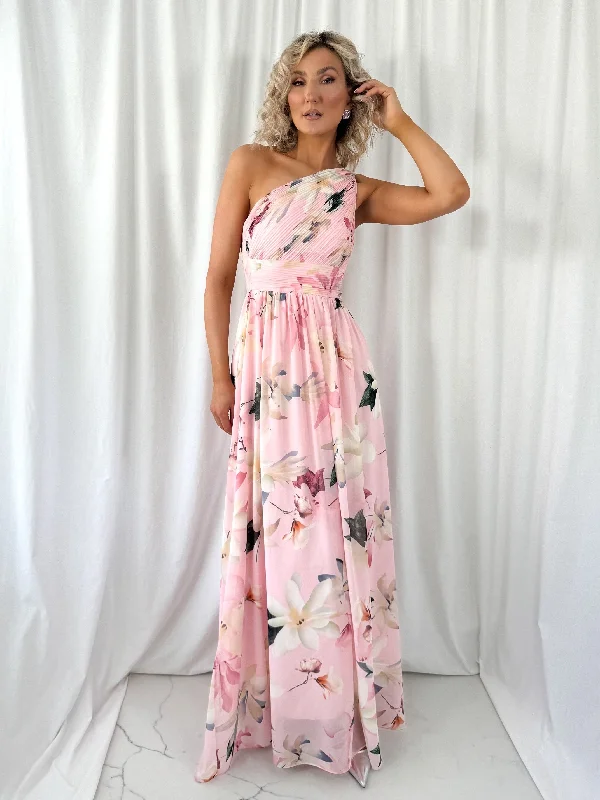 Dresses with Sequined Floral Motifs for Ladies' Elegant and Delicate LookAshley Maxi Dress with Draped One Shoulder Top - Pink Dresses with Sequined Floral Motifs for Ladies' Elegant and Delicate LookAshley Maxi Dress with Draped One Shoulder Top - Pink