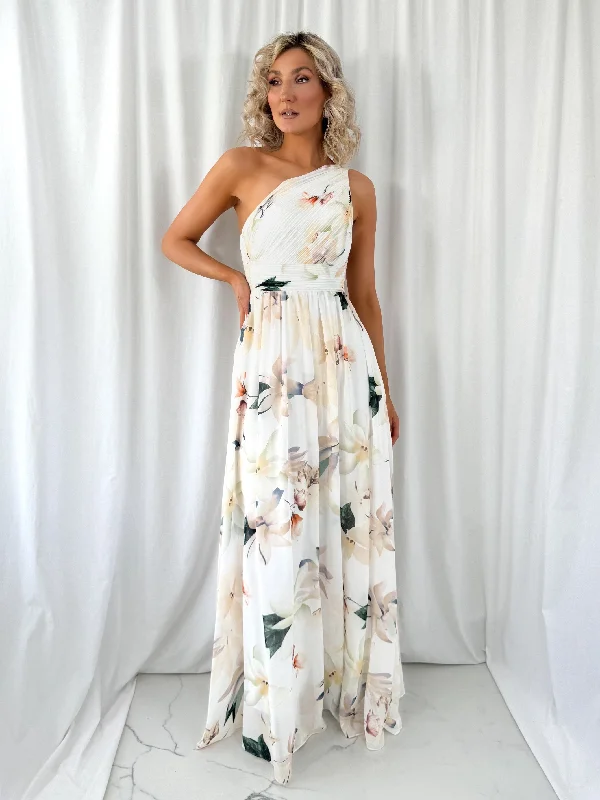 Strapless Cotton Dresses for Ladies' Beachside RelaxationAshley Maxi Dress with Draped One Shoulder Top - White Strapless Cotton Dresses for Ladies' Beachside RelaxationAshley Maxi Dress with Draped One Shoulder Top - White