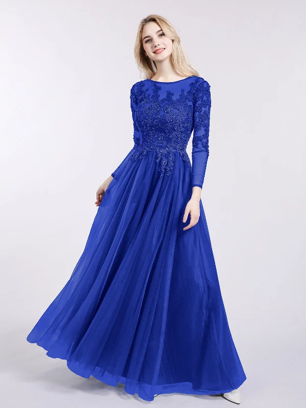 Dresses with Sequined Hearts for Ladies' Romantic LookTulle with Appliqued Long Sleeves Dress-Royal Blue Dresses with Sequined Hearts for Ladies' Romantic LookTulle with Appliqued Long Sleeves Dress-Royal Blue