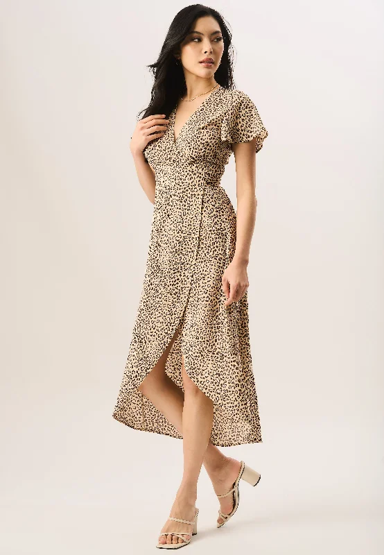 Vintage Inspired Tea Length Dresses for Ladies with Ruffled CollarBeige Animal Printed Wrap Midi Dress