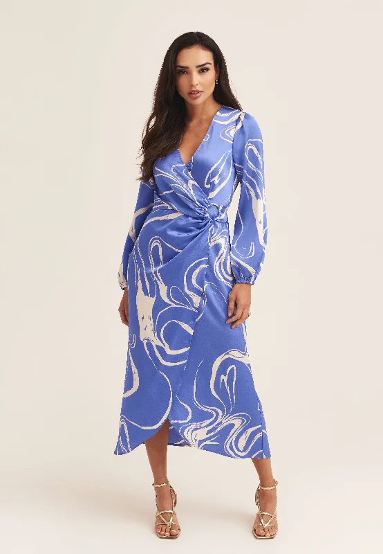 Satin Dresses with Embroidered Bodice for Ladies' Timeless LookBlue Swirl Print Ring Detail Wrap Midi Dress Satin Dresses with Embroidered Bodice for Ladies' Timeless LookBlue Swirl Print Ring Detail Wrap Midi Dress