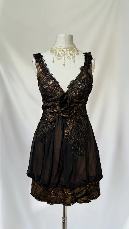 Plaid Dresses with Satin Trim for Ladies' Preppy StyleBurnt Golden Embers Vintage Floral Appliqué Bubble Hem Silk Mini Dress Plaid Dresses with Satin Trim for Ladies' Preppy StyleBurnt Golden Embers Vintage Floral Appliqué Bubble Hem Silk Mini Dress