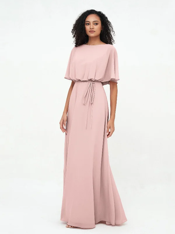 One Shoulder Dresses with Ruffled Sleeve for Ladies' Fashion StatementChiffon Full Length Bridesmaid Dresses with Wrap Dusty Rose One Shoulder Dresses with Ruffled Sleeve for Ladies' Fashion StatementChiffon Full Length Bridesmaid Dresses with Wrap Dusty Rose