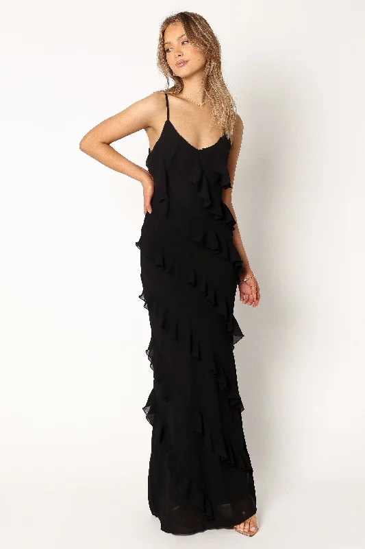 Dresses with Sequined Geometric Shapes and Lace and Chiffon Blend and Ruffled Sleeves for Ladies' Modern and Dramatic LookCiao Ruffles Maxi Dress - Black Dresses with Sequined Geometric Shapes and Lace and Chiffon Blend and Ruffled Sleeves for Ladies' Modern and Dramatic LookCiao Ruffles Maxi Dress - Black