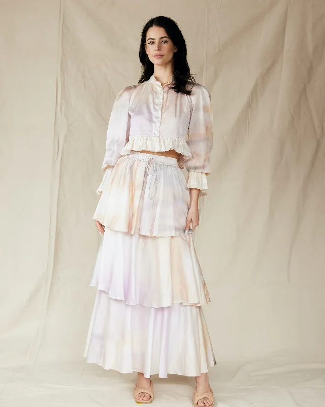 Dresses with Sequined Hearts and Ruffled Hem and Satin and Lace Combo and Bow at the Waist for Ladies' Romantic and Sweet LookConstance Maxi Skirt | Sunset Dresses with Sequined Hearts and Ruffled Hem and Satin and Lace Combo and Bow at the Waist for Ladies' Romantic and Sweet LookConstance Maxi Skirt | Sunset