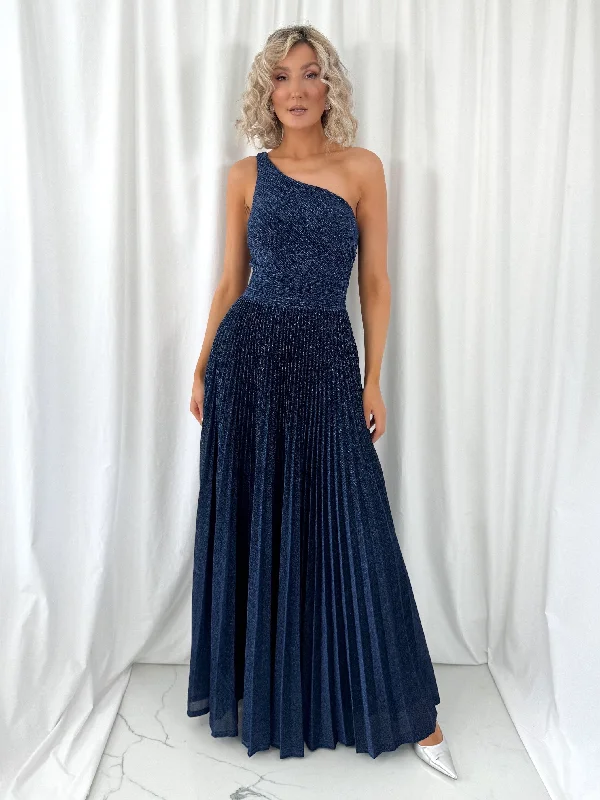 Dresses with High Low Sheer Skirt for Ladies' Dramatic and Fashionable LookCoraly Bright Pleated Maxi Dress with Draped One Shoulder Top - Navy Dresses with High Low Sheer Skirt for Ladies' Dramatic and Fashionable LookCoraly Bright Pleated Maxi Dress with Draped One Shoulder Top - Navy