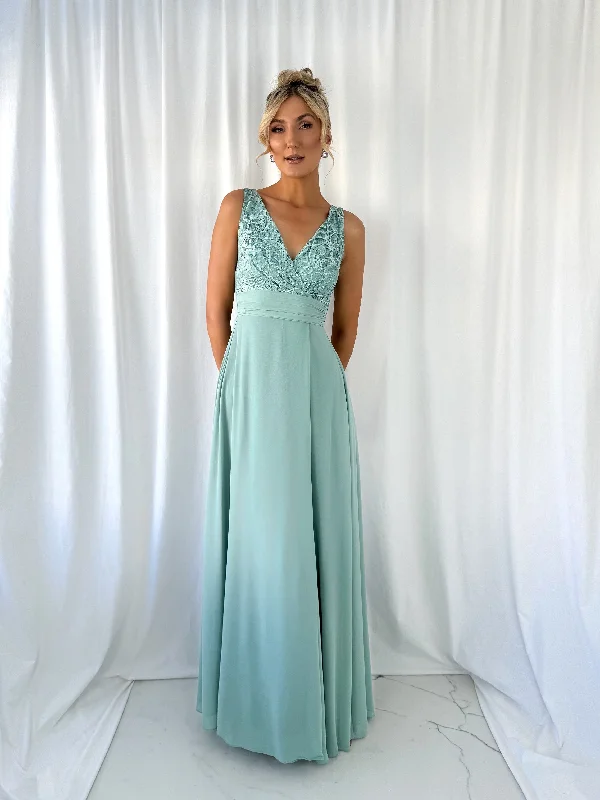 Dresses with High Neck and Embroidered Back for Ladies' Modest and Intricate LookDarlene Maxi Dress with Open Slit - Sage Green Dresses with High Neck and Embroidered Back for Ladies' Modest and Intricate LookDarlene Maxi Dress with Open Slit - Sage Green