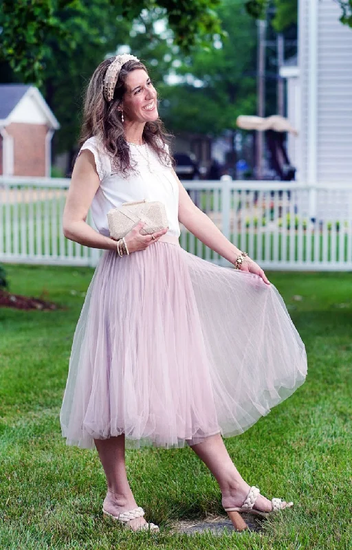 Dresses with Lace Insertions on the Skirt for Ladies' Feminine and Elegant LookDouble Mesh Nude Tulle Midi Skirt by Easel Clothing Dresses with Lace Insertions on the Skirt for Ladies' Feminine and Elegant LookDouble Mesh Nude Tulle Midi Skirt by Easel Clothing