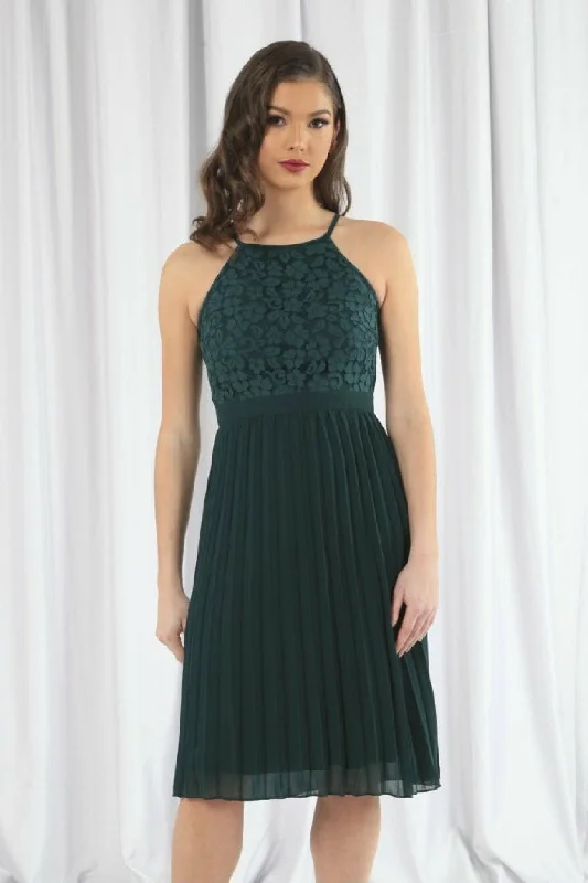 "Animal print dresses for women who love bold styles"Double Second Green Halter Neck Pleated Lace Dress