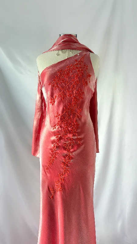 Beaded Dresses with Tulle and Lace Combo for Ladies' Glamorous LookDreamy 90s Iridescent Peach Floral Embellished Maxi Dress & Scarf Set Beaded Dresses with Tulle and Lace Combo for Ladies' Glamorous LookDreamy 90s Iridescent Peach Floral Embellished Maxi Dress & Scarf Set