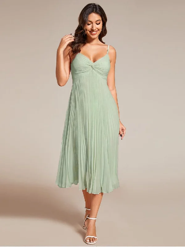 "Denim dresses for women for a casual and cool style"Midi Tiered Pleated V-Neck Wedding Guest Dress Featuring Spaghetti Straps