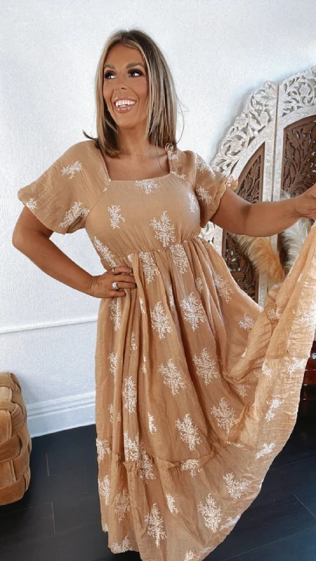 Dresses with Tassel Hem and Metallic Lace and Sequined Geometric Shapes for Ladies' Boho and Modern LookEmbroidered Bubble Sleeve Maxi Dress, Camel Dresses with Tassel Hem and Metallic Lace and Sequined Geometric Shapes for Ladies' Boho and Modern LookEmbroidered Bubble Sleeve Maxi Dress, Camel